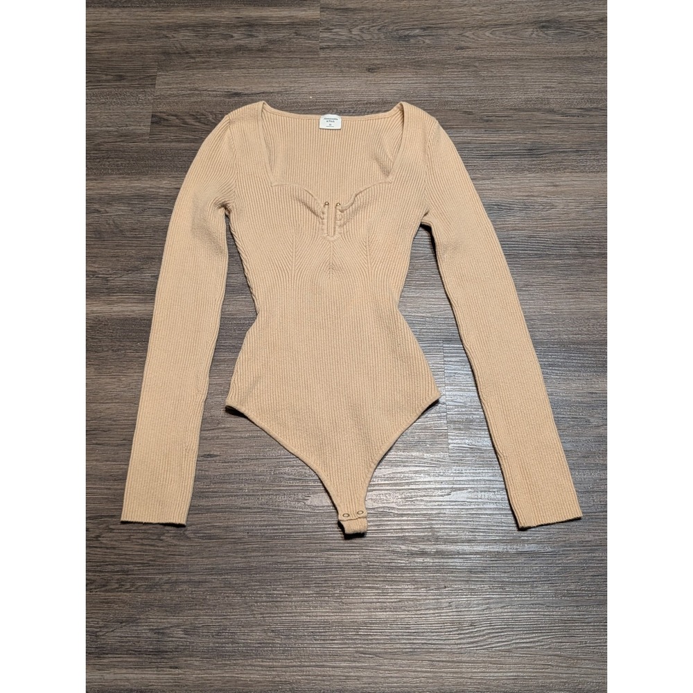 Abercrombie & Fitch Womens XS Tan Ribbed Long Sleeve Sweetheart Notch Bodysuit